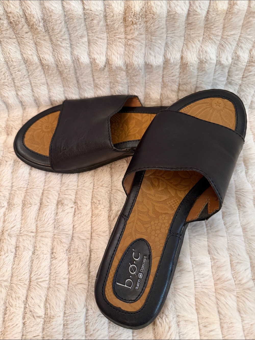 b.o.c. Black Leather Slide Mules with Floral Insole